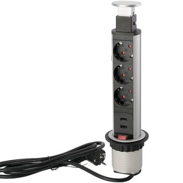 3er Steckdose 2er USB 'PopUp' Ø 60 mm 2er USB Silber