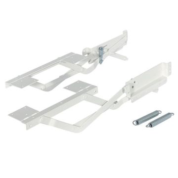 Parallel-Schwenkbeschlag für Küchenschränke A=Schwenkbeschlag B=Entriegelung C=Kunststoff-Distanzstück